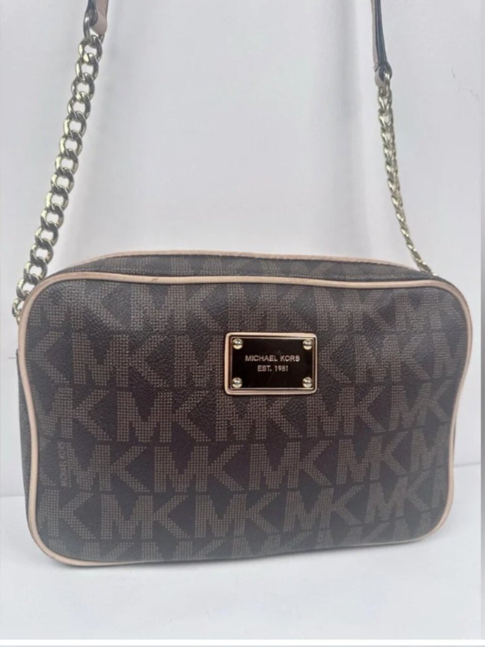 Michael Kors Jet Set Small Brown/Beige Leather MK Signature Messenger Bag